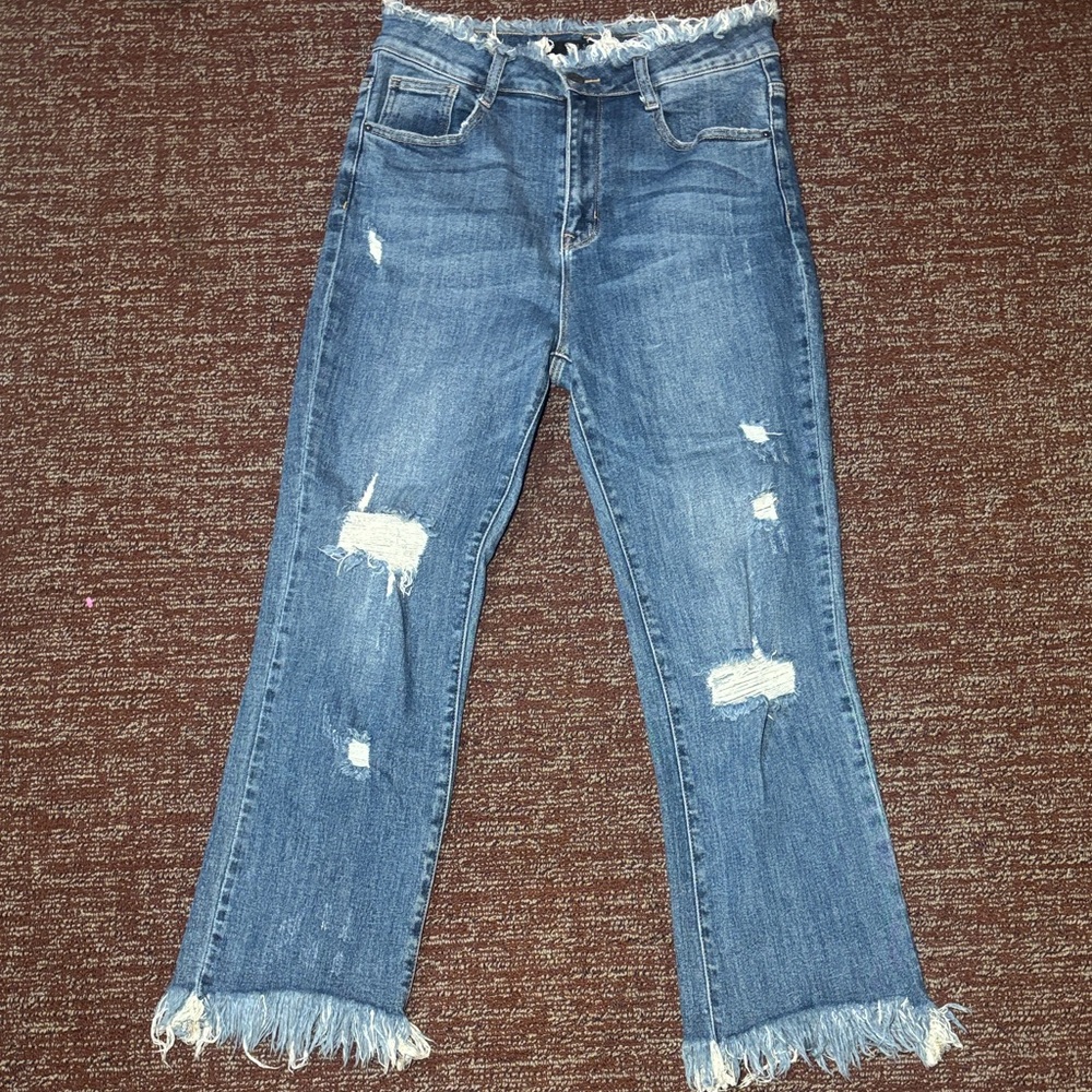 Risen denim crop frayed distressed medium wash high rise jeans women’s 29 size 9 - Picture 2 of 13